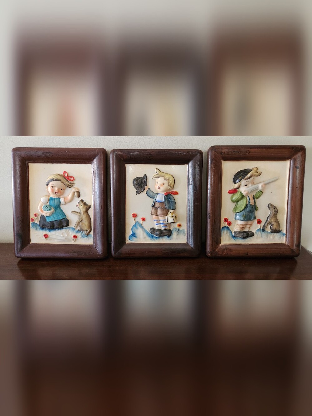 Vintage Mid-Century 6" x 5" Hummel-style Ceramic Wall Plaques, Set Of 3